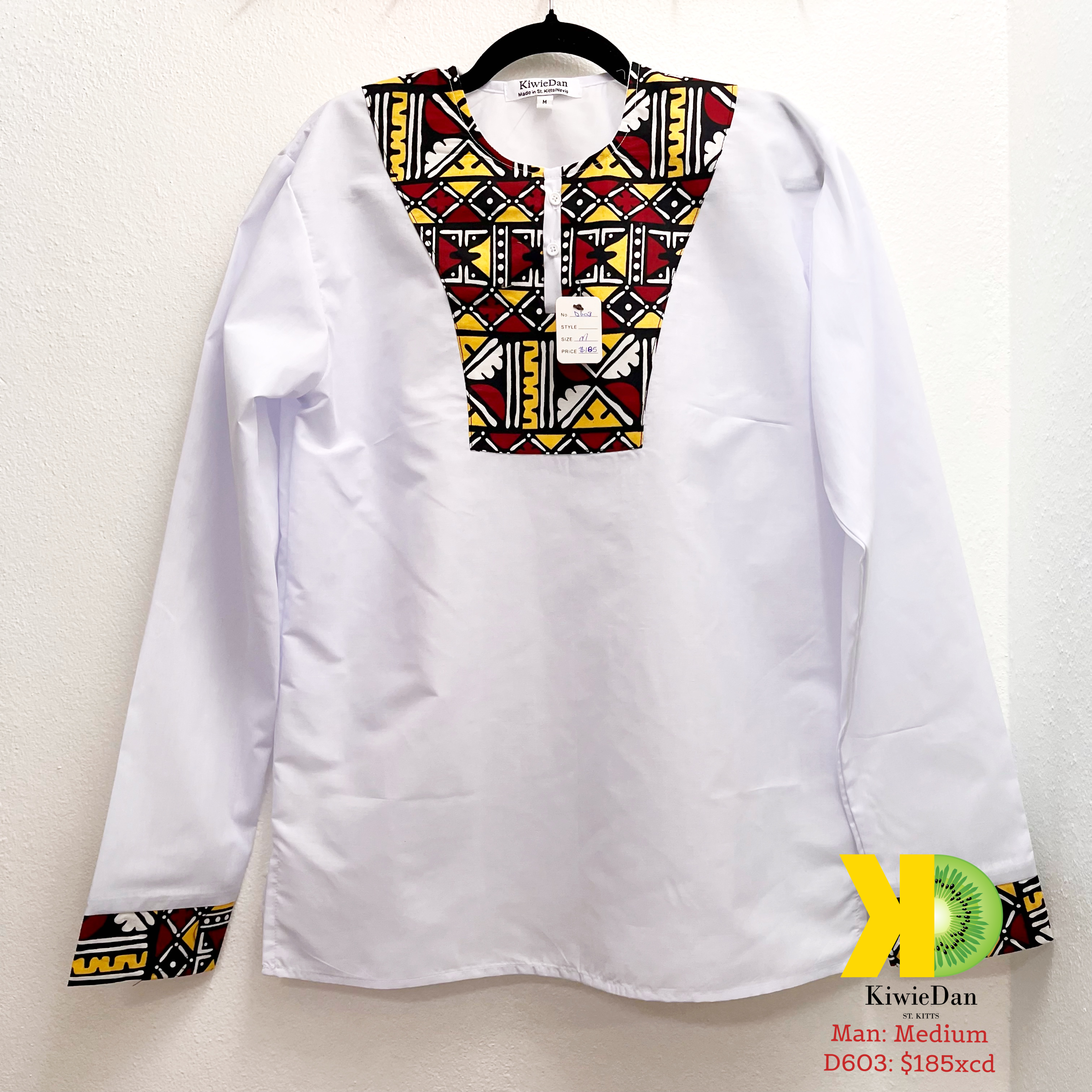Man White Maroon Kente Dashiki LS Shirt (M)