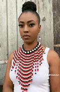 FJW 2pcs Set Red Black White Wooden Beaded Bib and Earrings