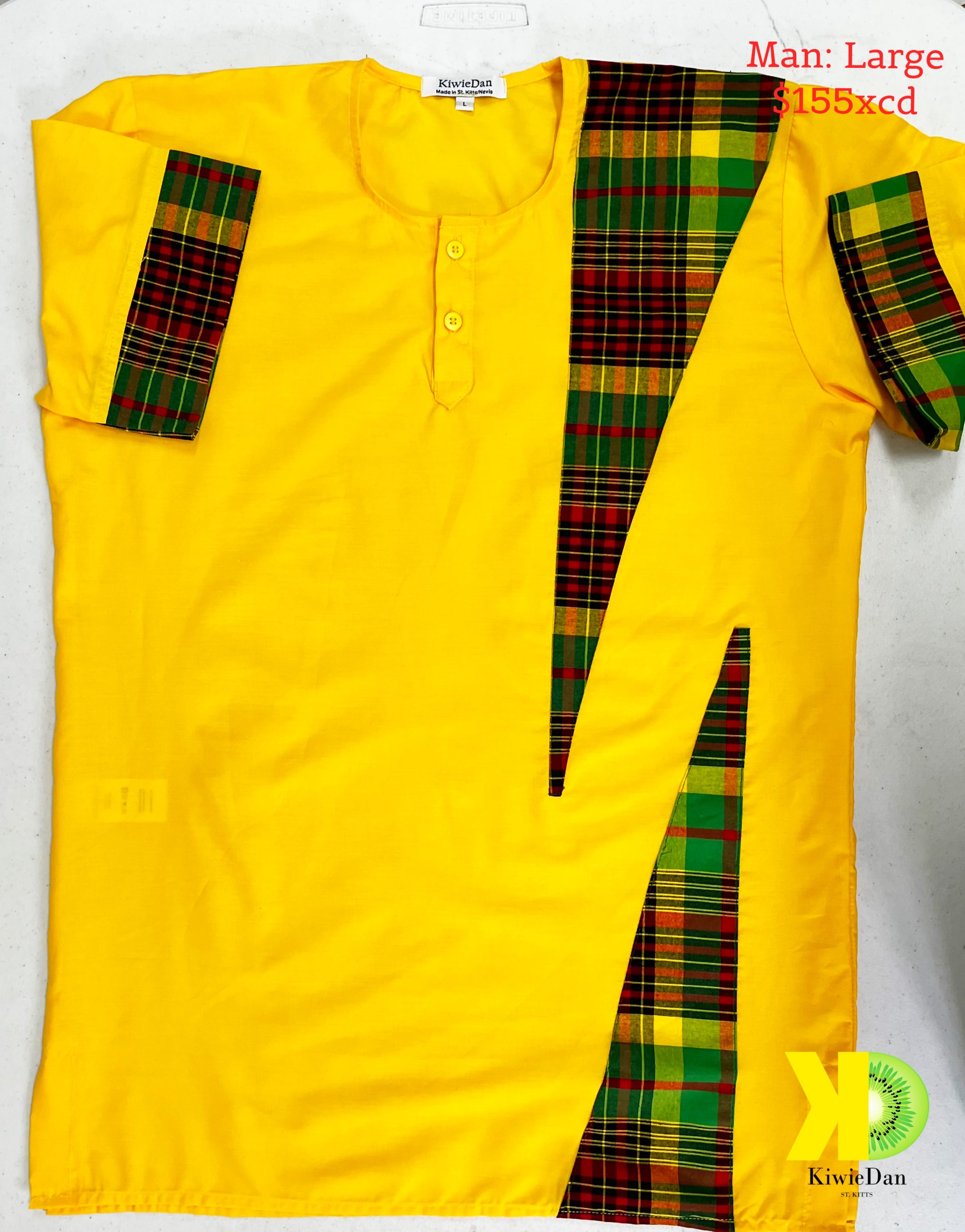 Man Shirt Dashiki Yellow Madras SS (Large)