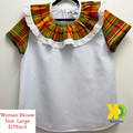 Woman Blouse White w/ Red Madras, Cotton Frill (Large)