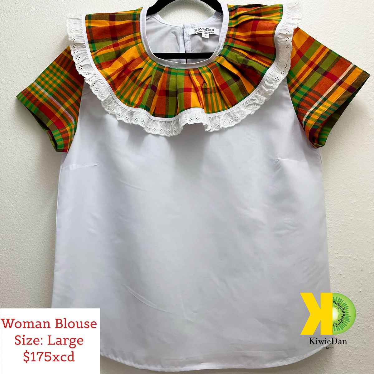 Woman Blouse White w/ Red Madras, Cotton Frill (Large)