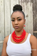FJW Red Beaded Layered Necklace and Earrings 2pcs Set