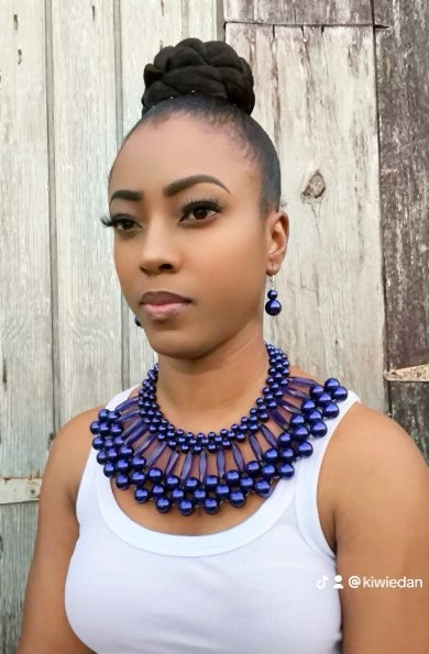 FJW Blue Beaded Collar Necklace and Earrings 2pcs Set