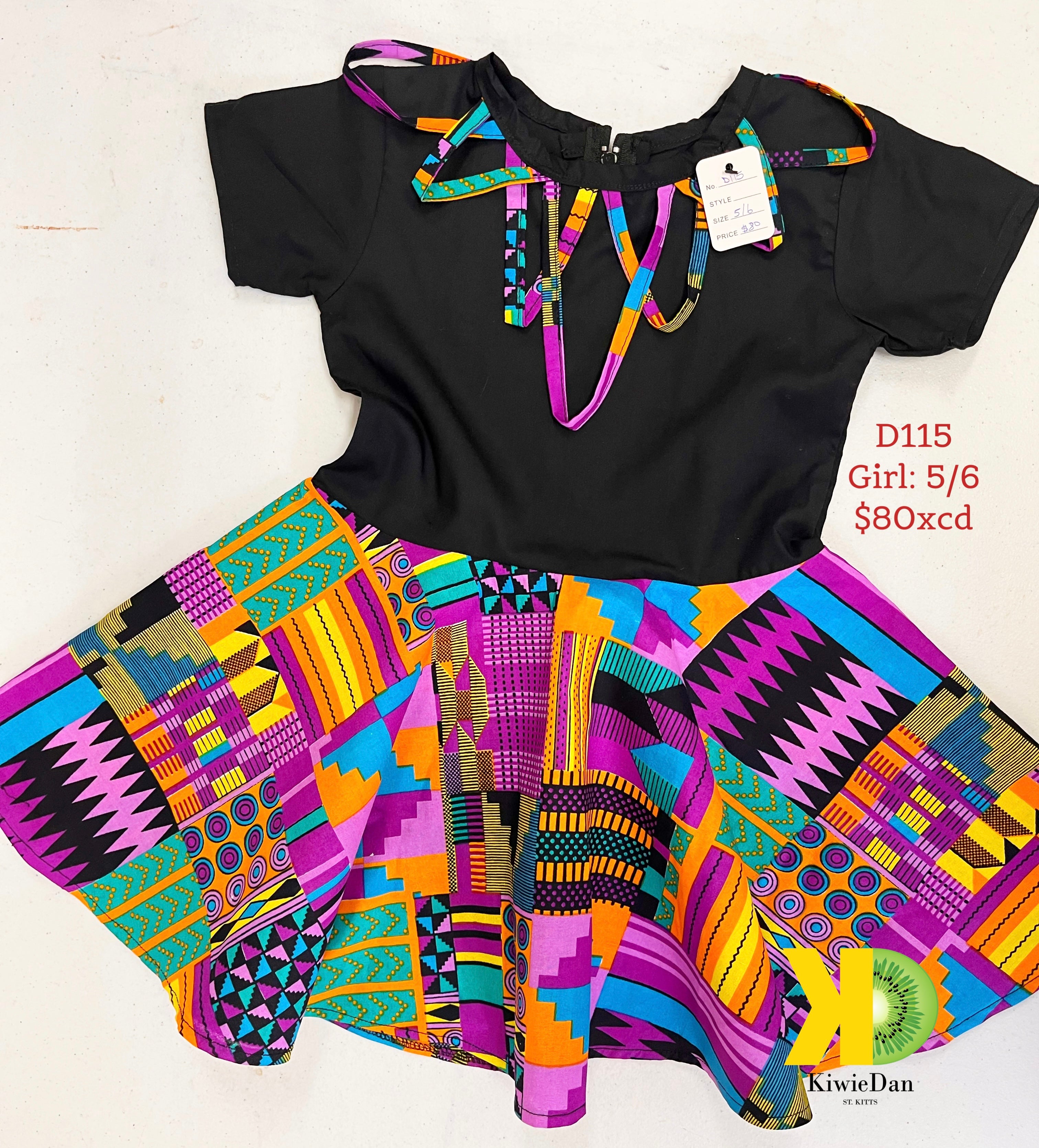 Girl Black and Purple Kente Dress (5/6)