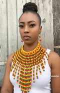 FJW Red Green Yellow Wooden Beaded Bib Necklace and Earrings 2pcs Set