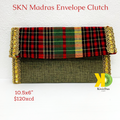 Bag Clutch Madras Green Burlap Gold Trim