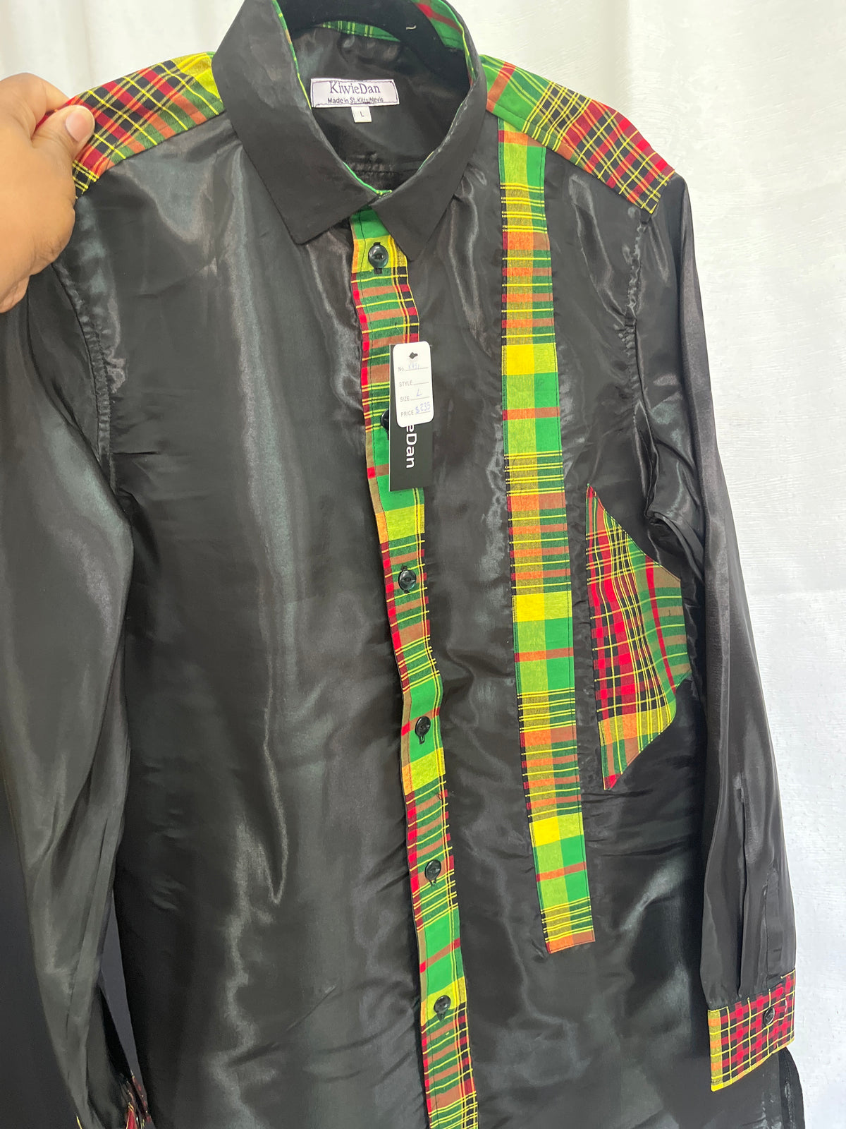 Man Shirt Black w/ Madras LS (Large)