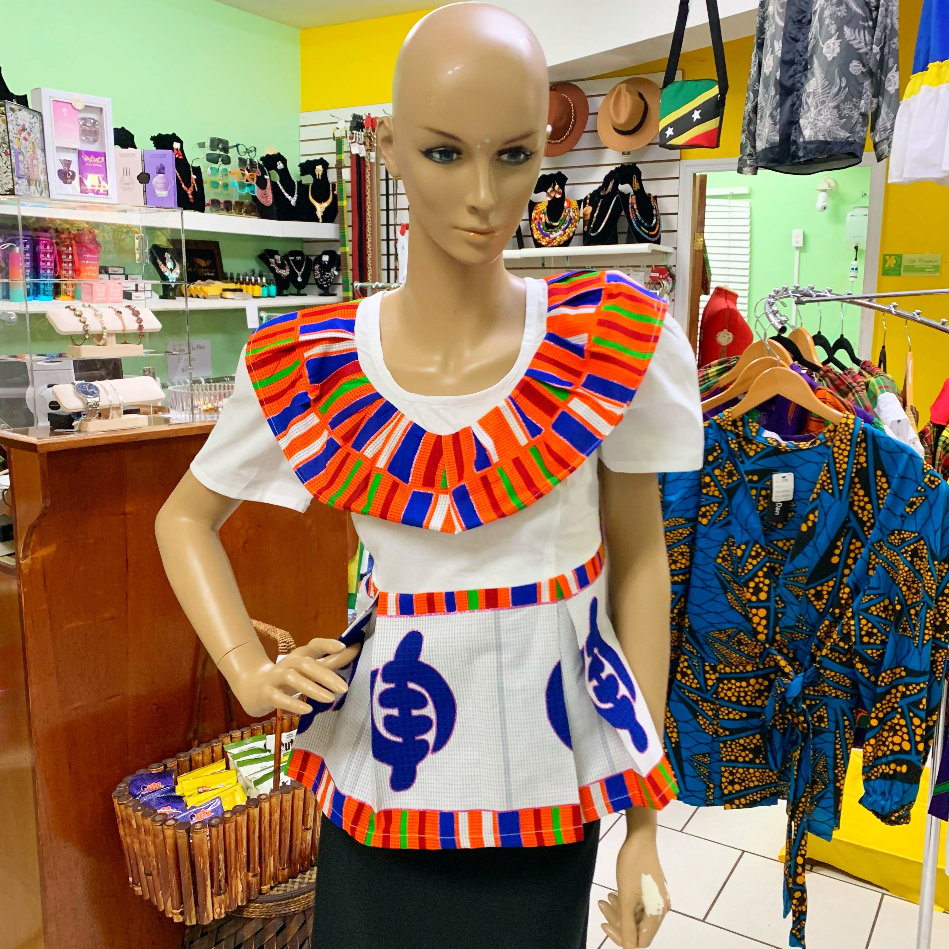 White Blouse with Orange Kent African Print Apro (Medium)