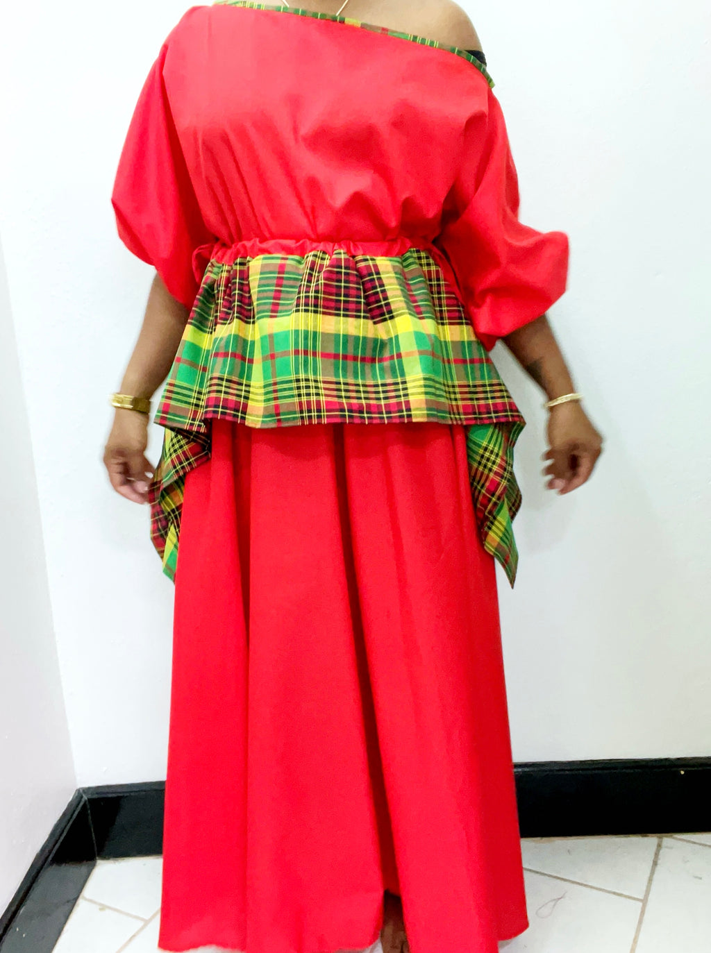Woman Skirt Maxi Creole Flare Red w/ Madras