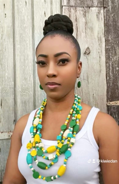 FJW Pink Multi Layered Wooden Beaded Necklace and Earrings 2pcs Set