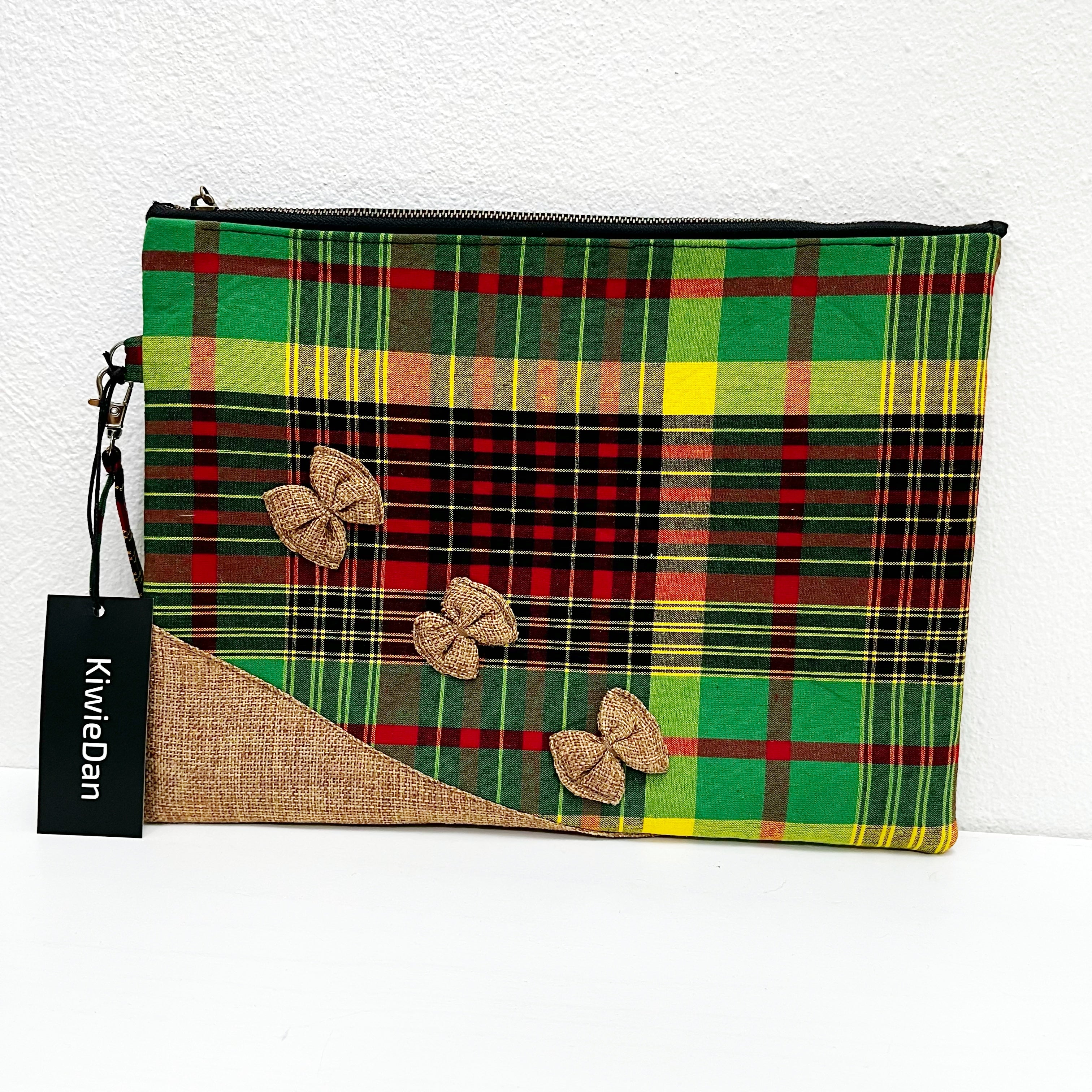 Bag Clutch Madras Khaki Burlap Butterlies