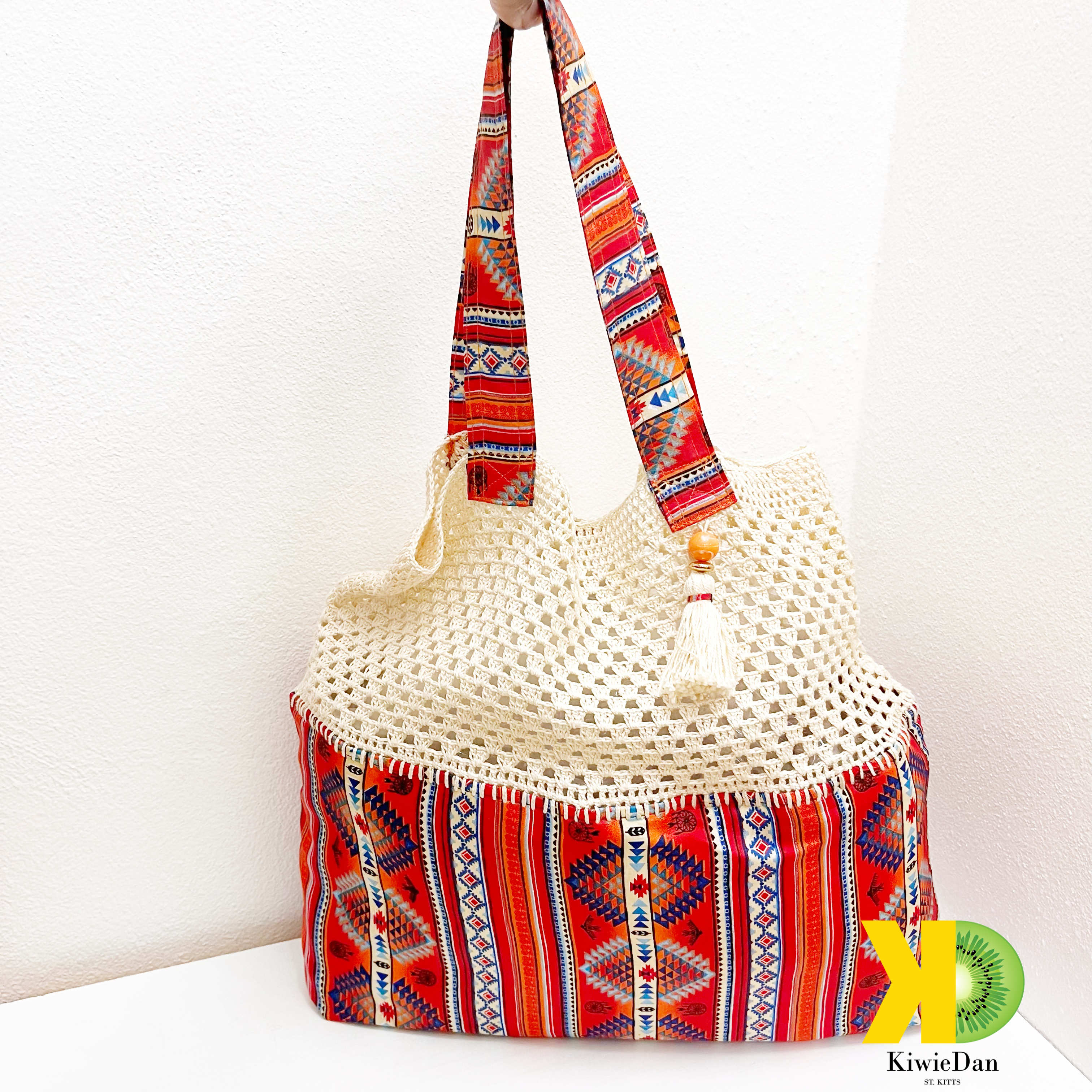 Red Kente Cream Crochet Bag