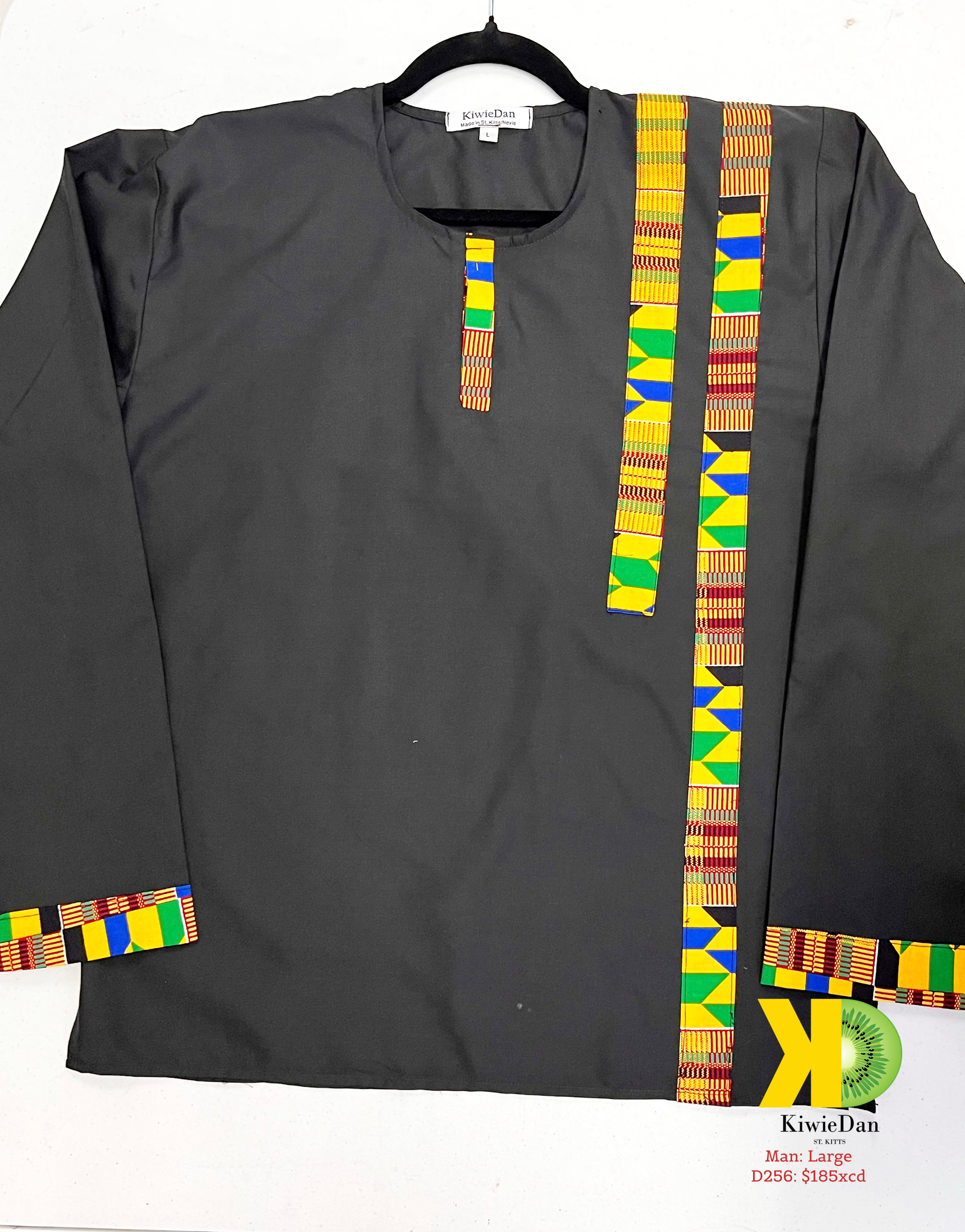Man Black Yellow Kente Dashiki LS Shirt (L)