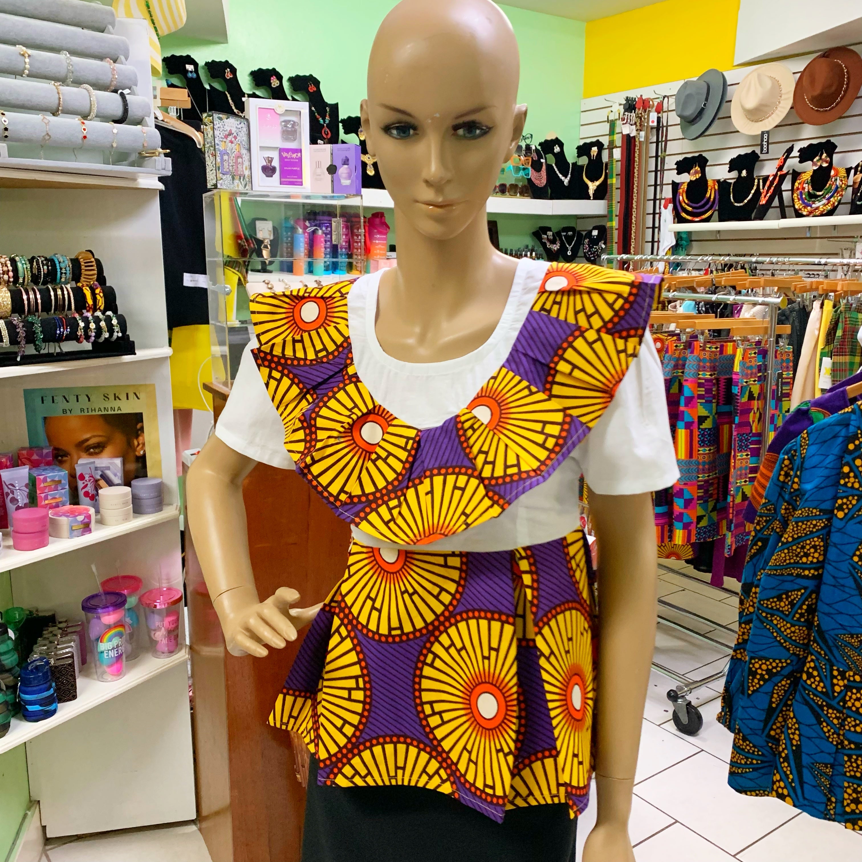 White Blouse with Yellow Star African Print Apro (Medium)