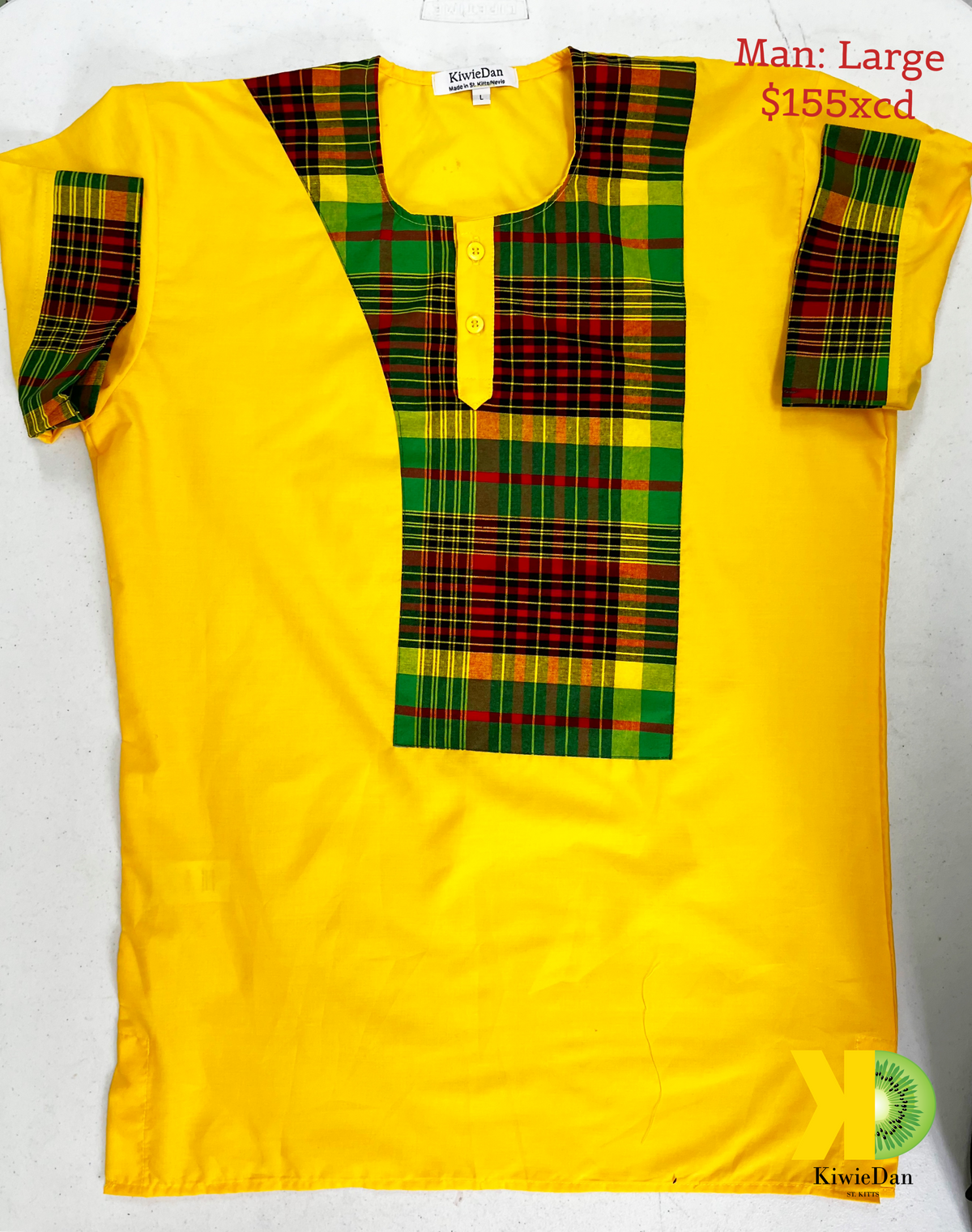 Man Shirt Dashiki Yellow Madras SS (Large)