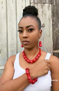 FJW Red Beaded Necklace, Earrings and Bracelet 3pcs Set