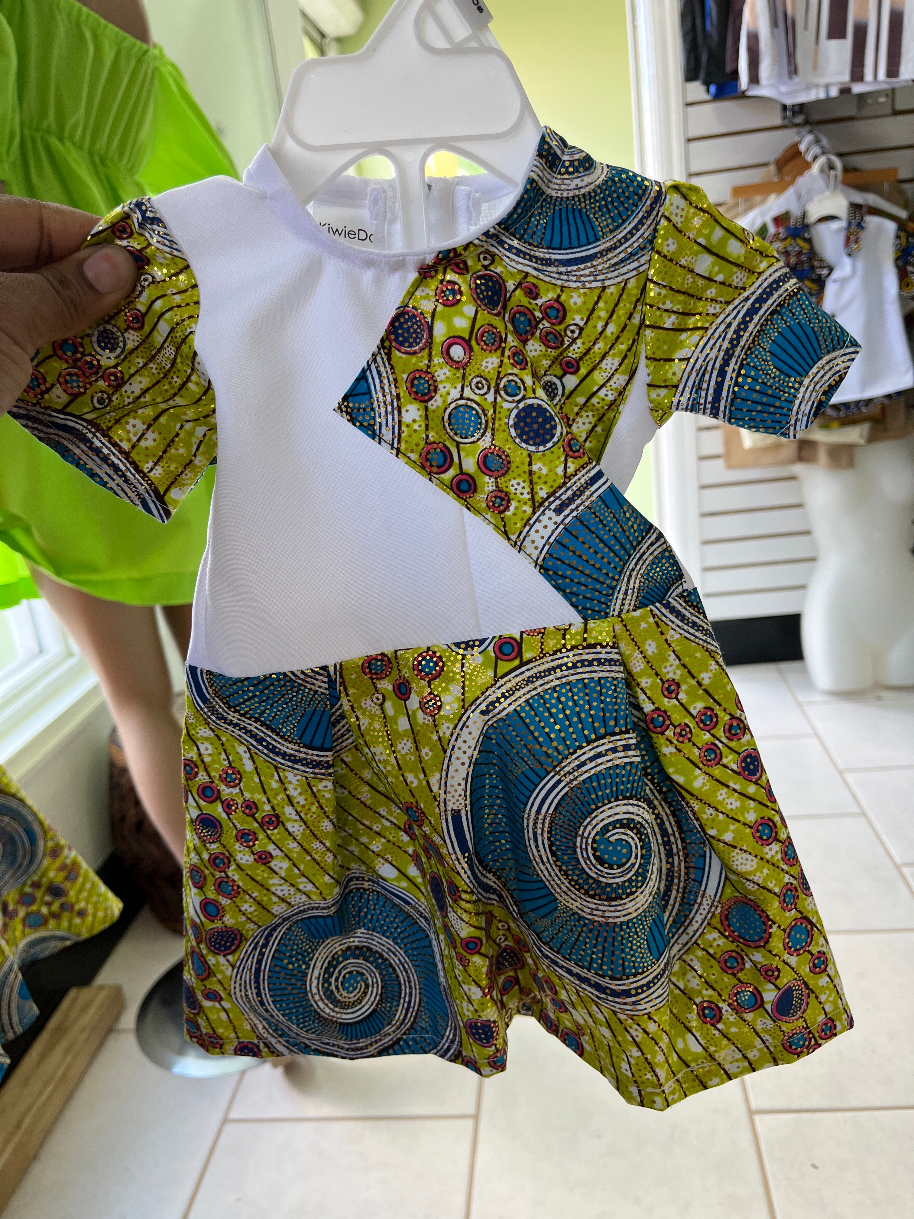 Girl White Green African Dress (3-6mos)