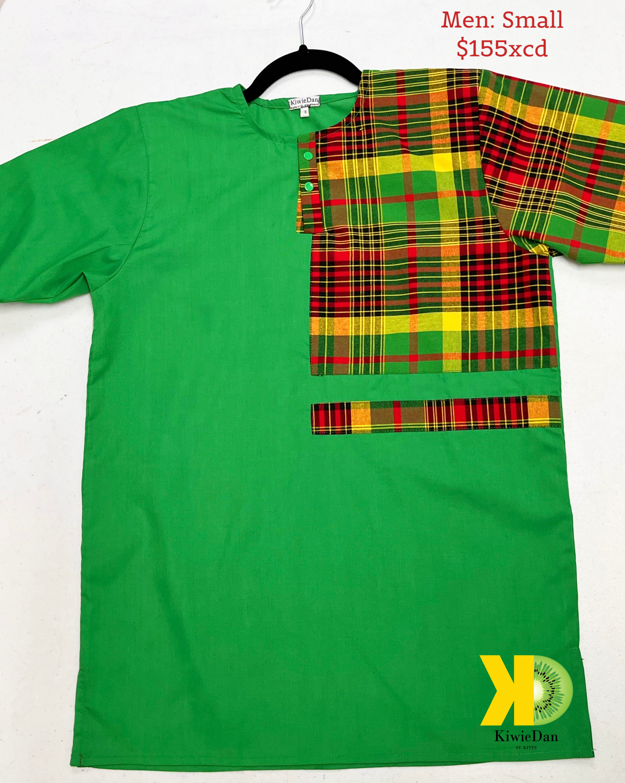Man Shirt Dashiki Green Madras SS (Small)