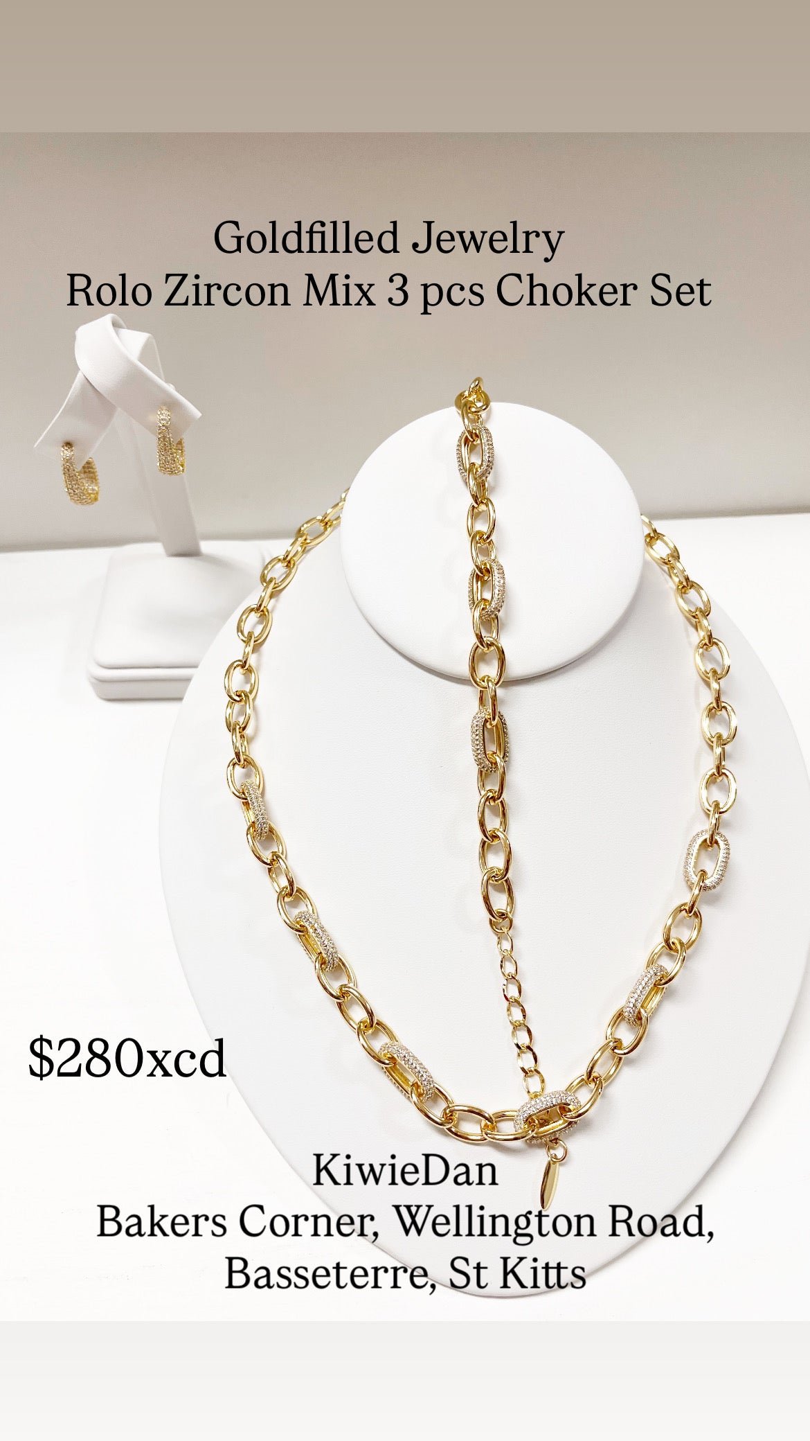 GJW 3pcs Set Necklace & Bracelet Rolo Mix Zircon