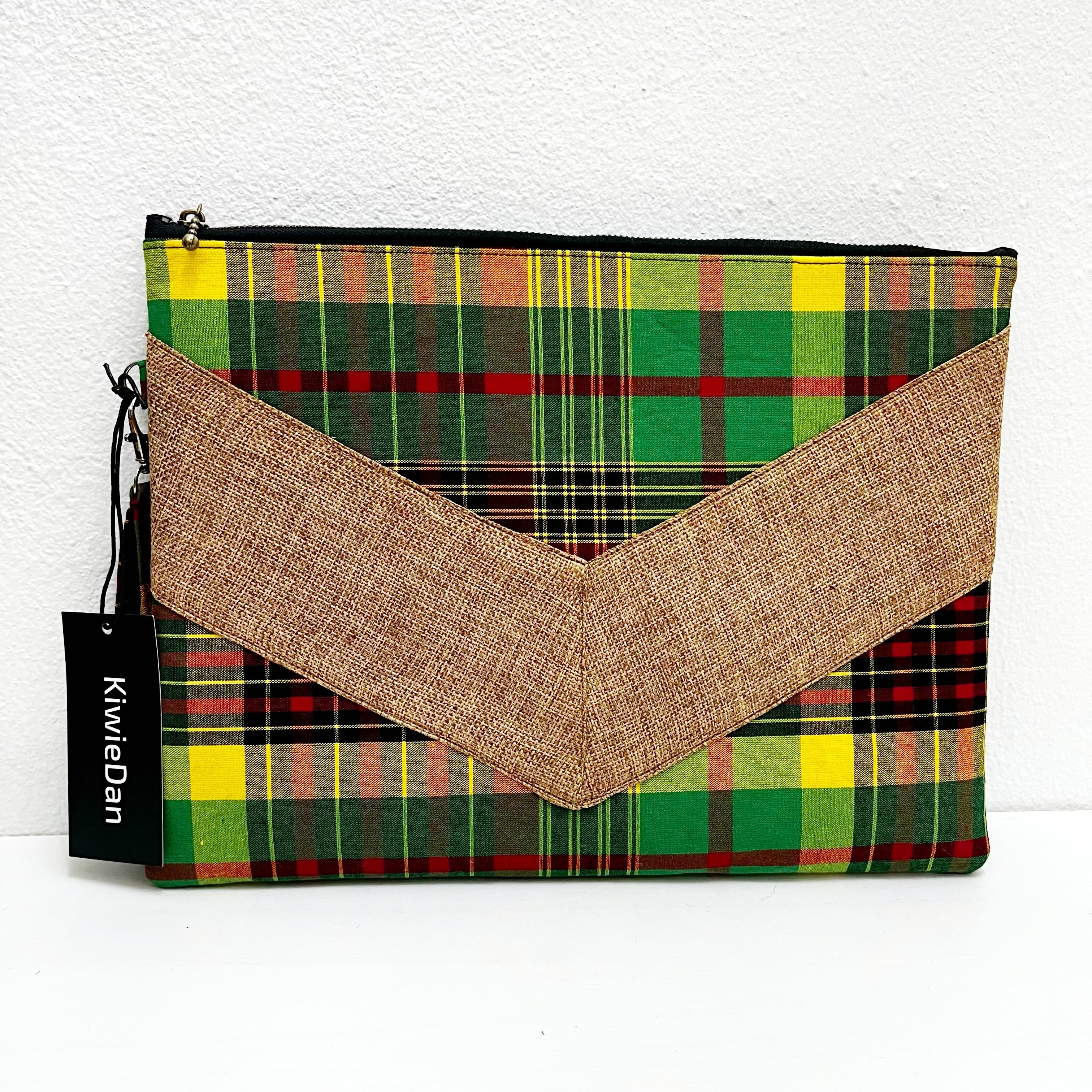 Bag Clutch Madras Khaki Burlap Chevron