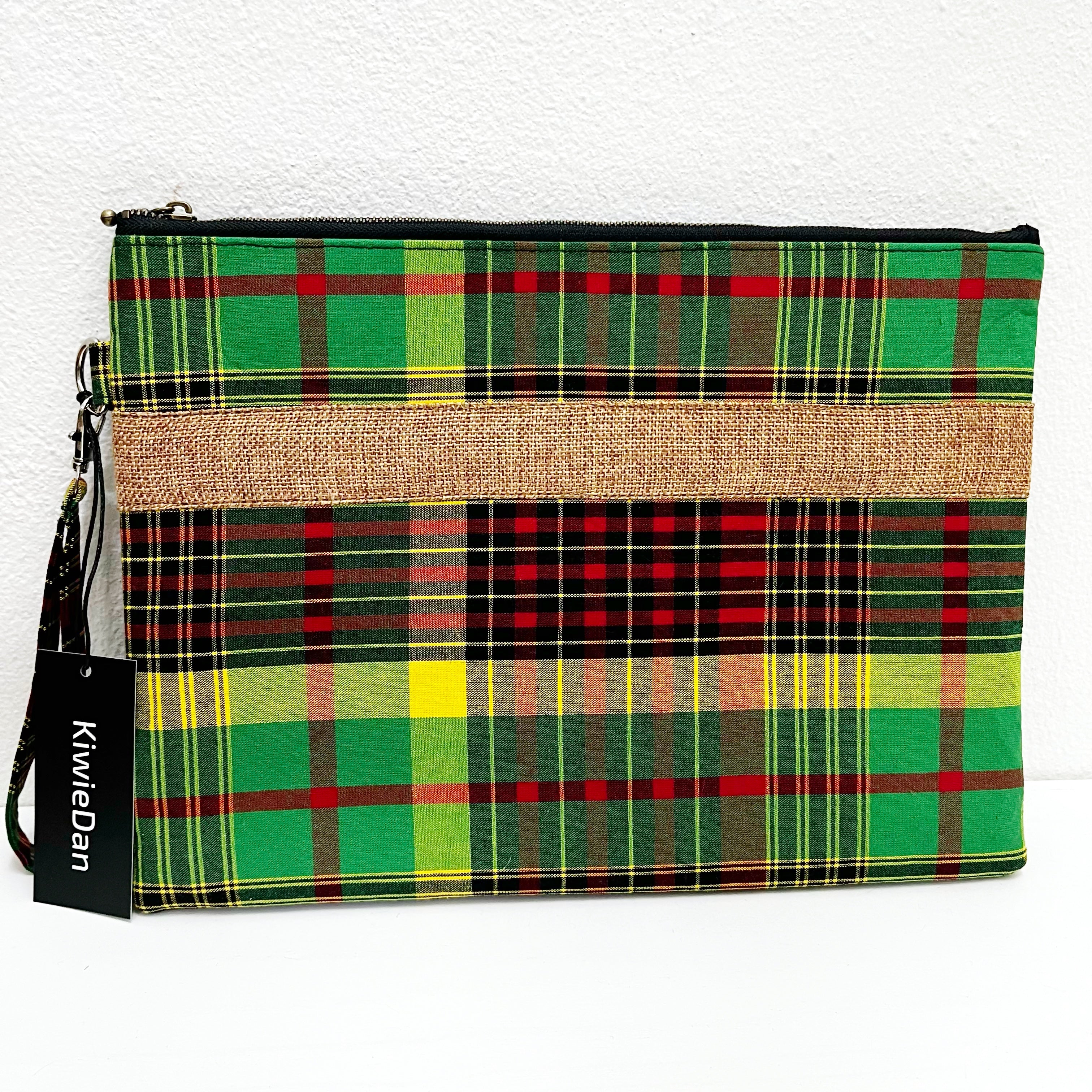 Bag Clutch Madras Khaki Burlap Top