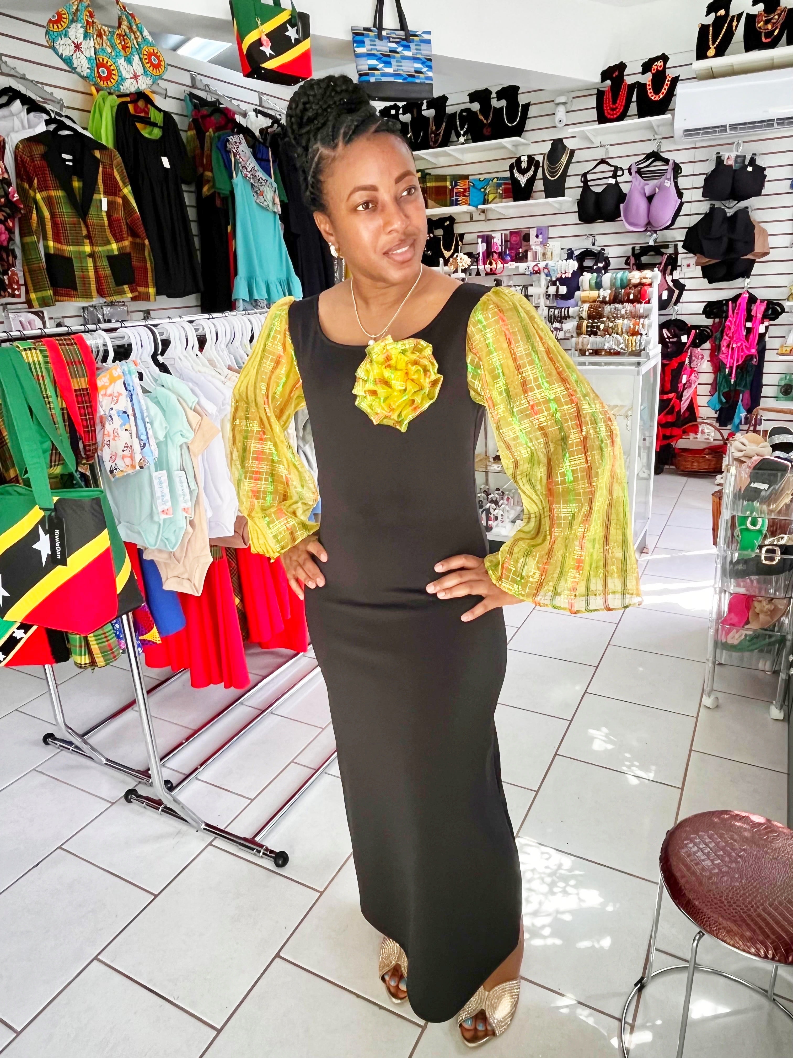 Woman Dress Stretch Maxi Black w/ Chiffon Madras (S/M)
