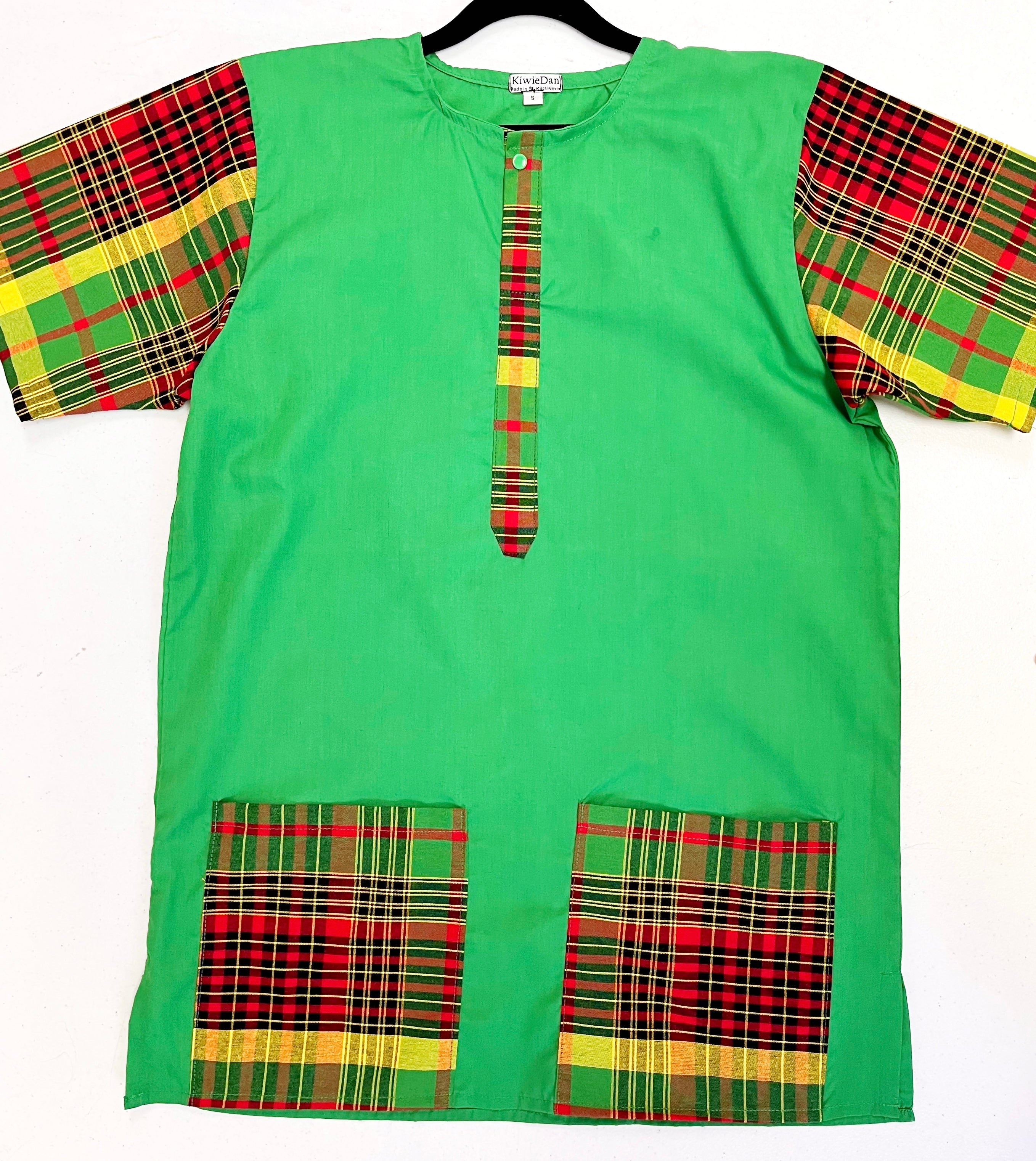Man Shirt Dashiki Green Madras SS (Small)