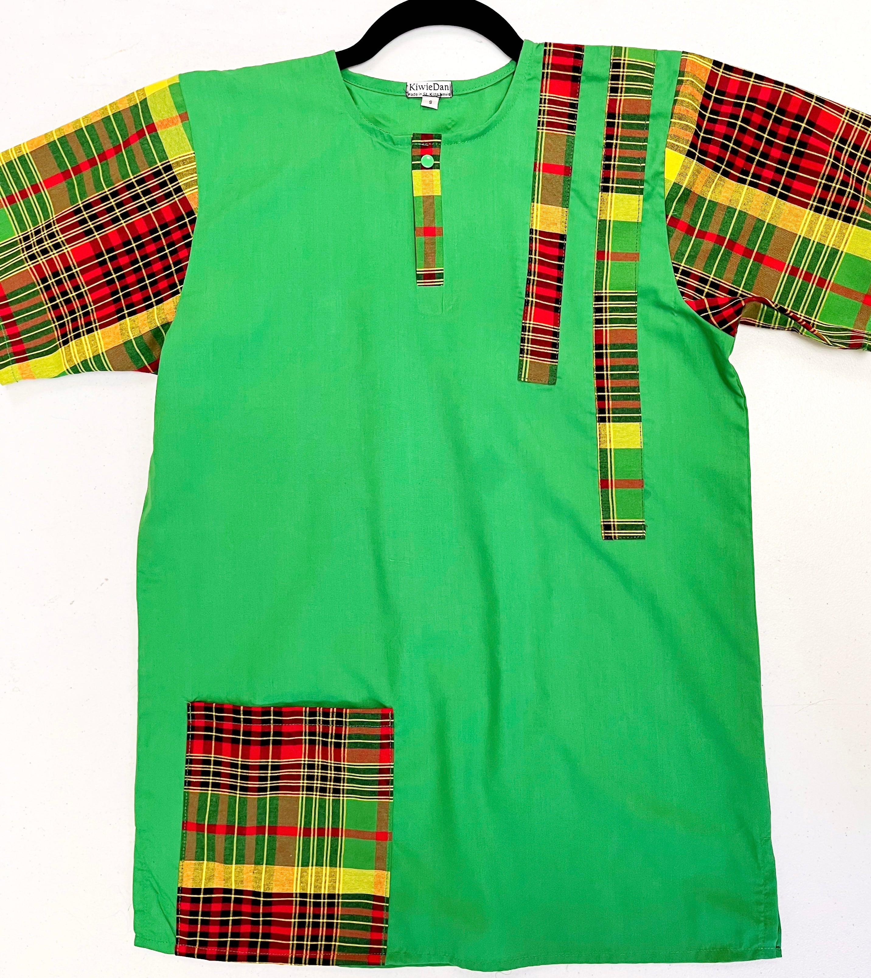 Man Shirt Dashiki Green Madras SS (Small)