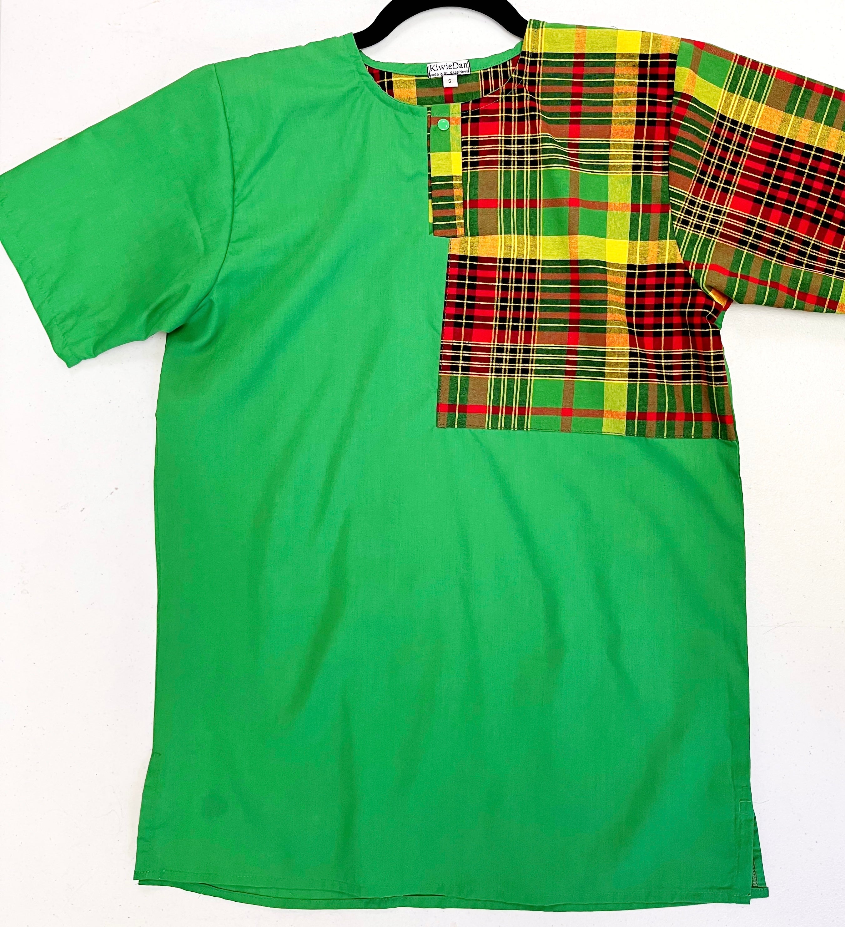 Man Shirt Dashiki Green Madras SS (Small)
