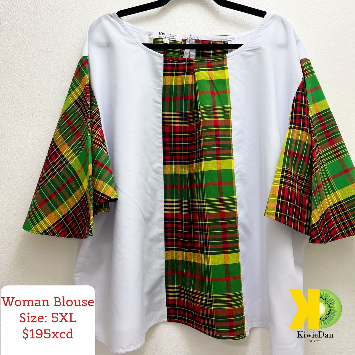 Woman Blouse Pria White w/ Madras, Flare Sleeve (5XL)
