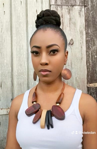 FJW Natural Wood Beaded Necklace and Earrings 2pcs Set