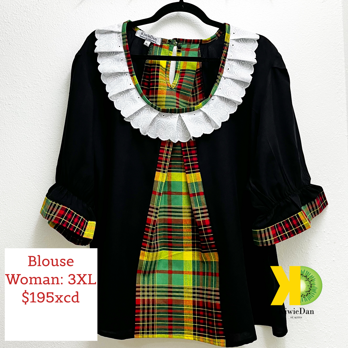 Woman Blouse Black w/ Madras Cotton Edging (3XL)
