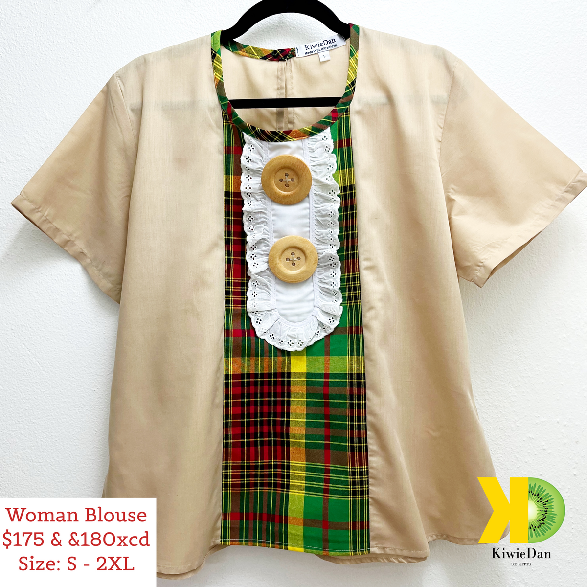 Woman Blouse Pria Khaki w/ Madras, Cotton Frill, Huge Buttons