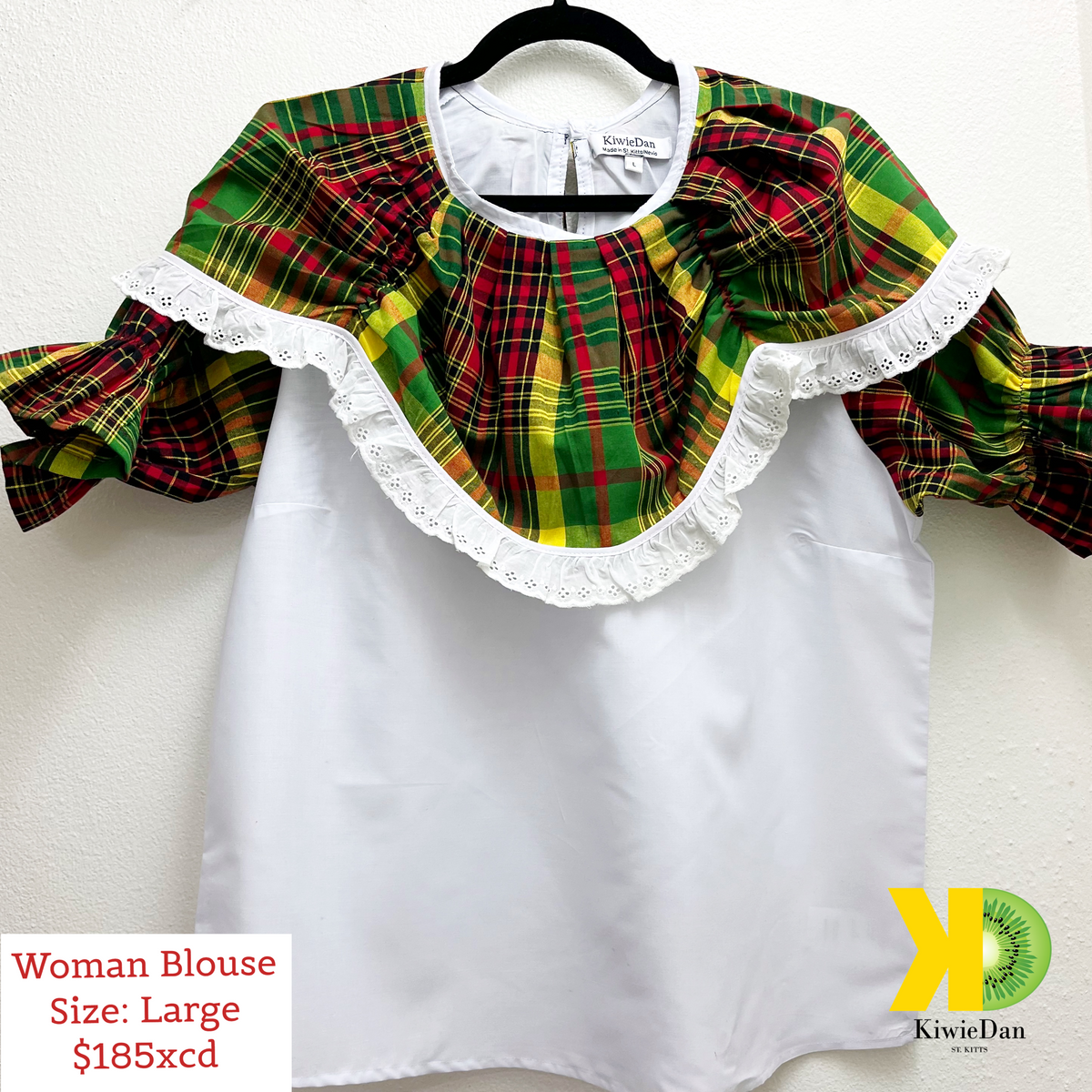 Woman Blouse Pria White w/ Madras, Cotton Frill (Large)