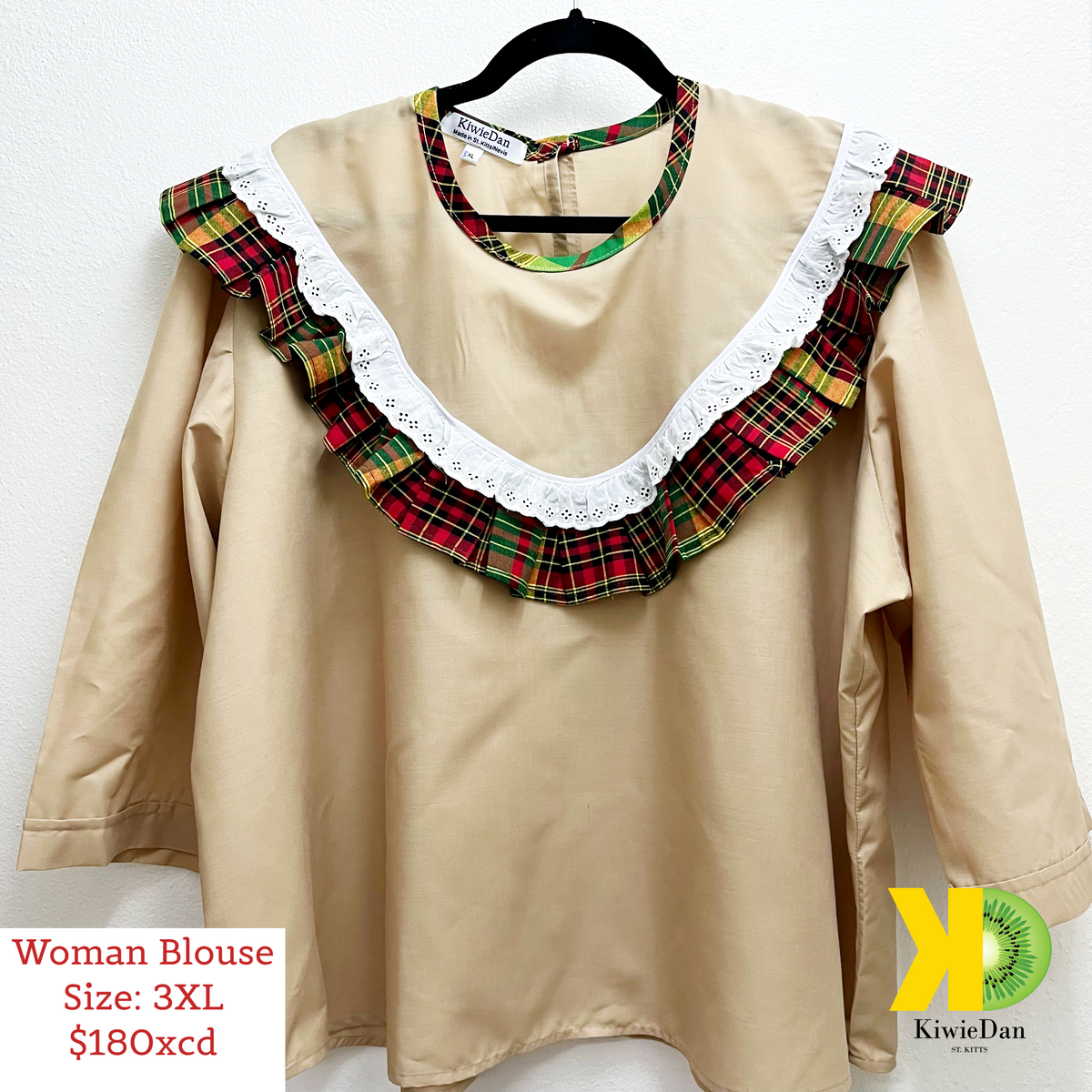 Woman Blouse Khaki w/ Madras, Cotton Frill (3XL)
