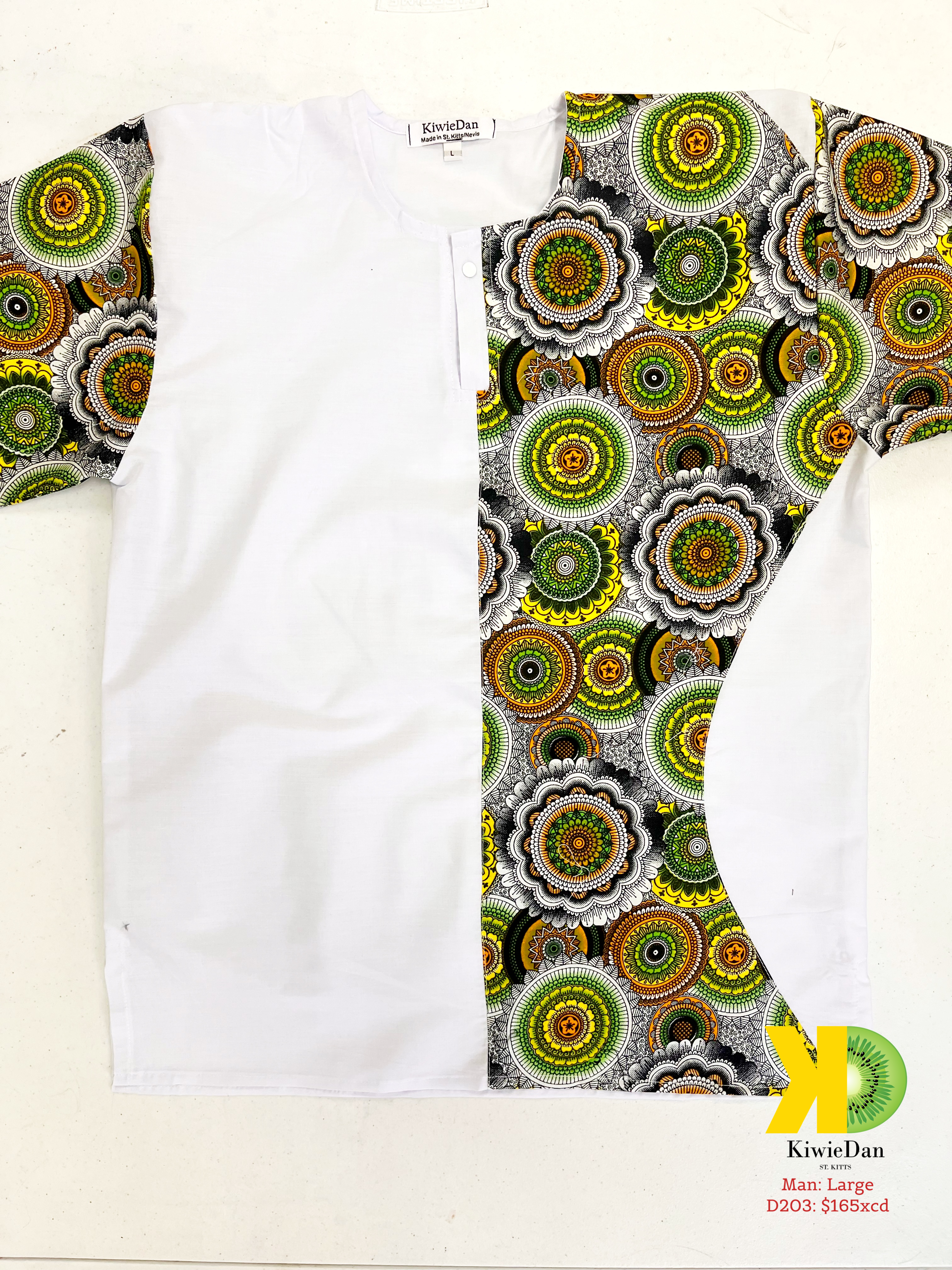 Man White Green Circles Dashiki SS Shirt (L)